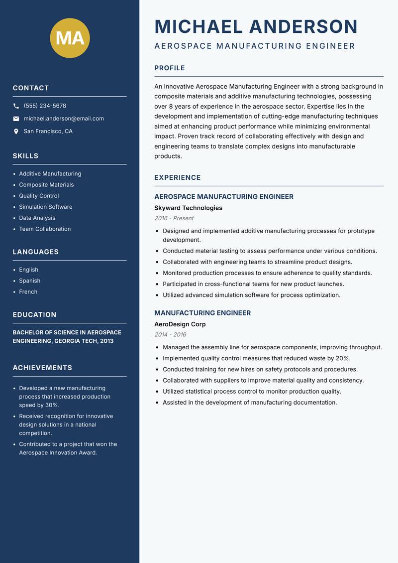 Aerospace Manufacturing Engineer resume sample — Aerospace Manufacturing Engineer focus
