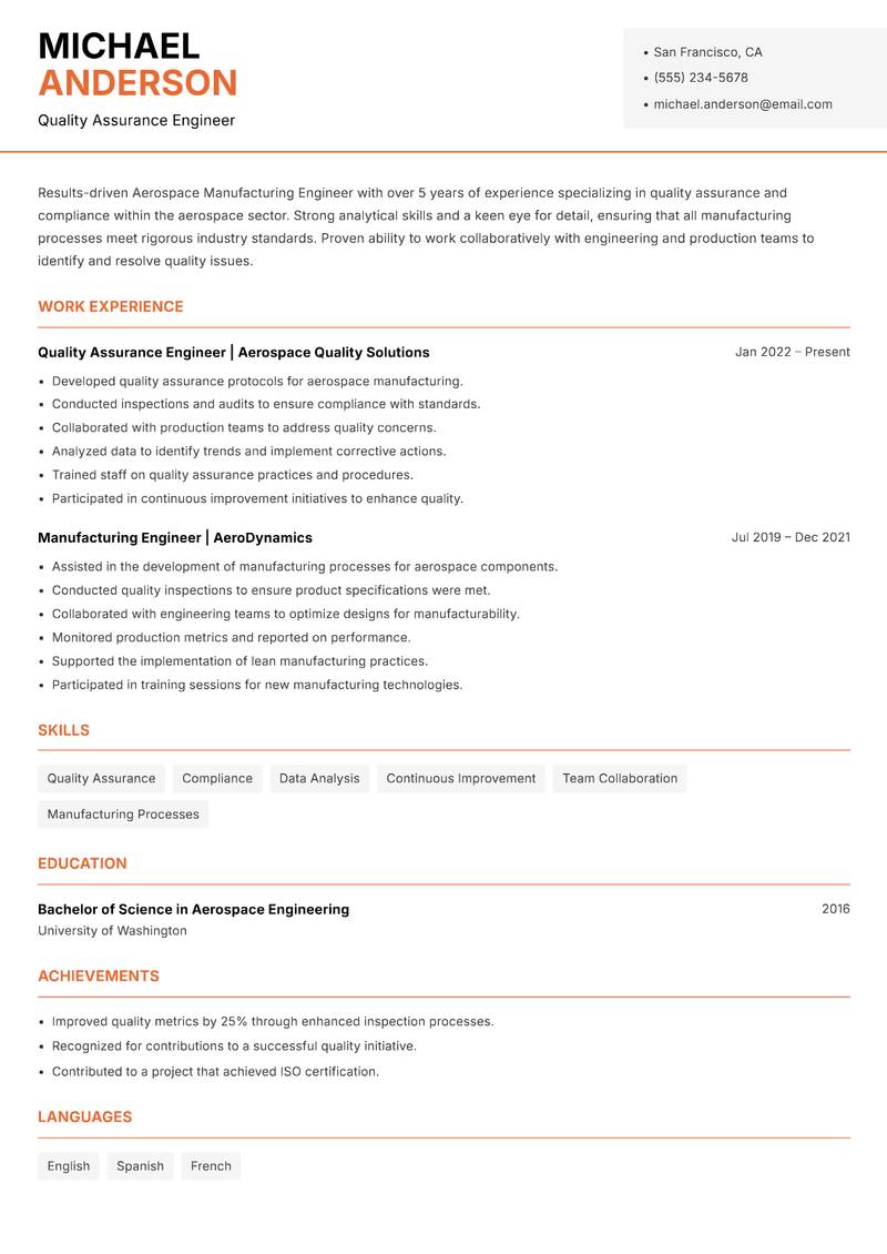 Aerospace Manufacturing Engineer resume sample — Quality Assurance Engineer focus