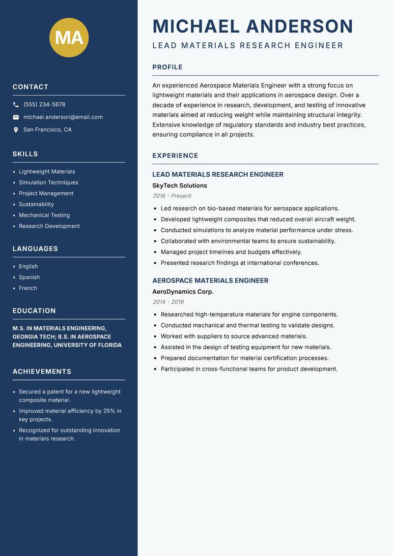 Aerospace Materials Engineer resume sample — Lead Materials Research Engineer focus