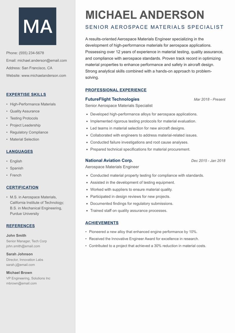 Aerospace Materials Engineer resume sample — Senior Aerospace Materials Specialist focus