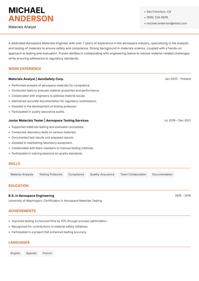 Aerospace Materials Engineer resume sample — Materials Analyst focus