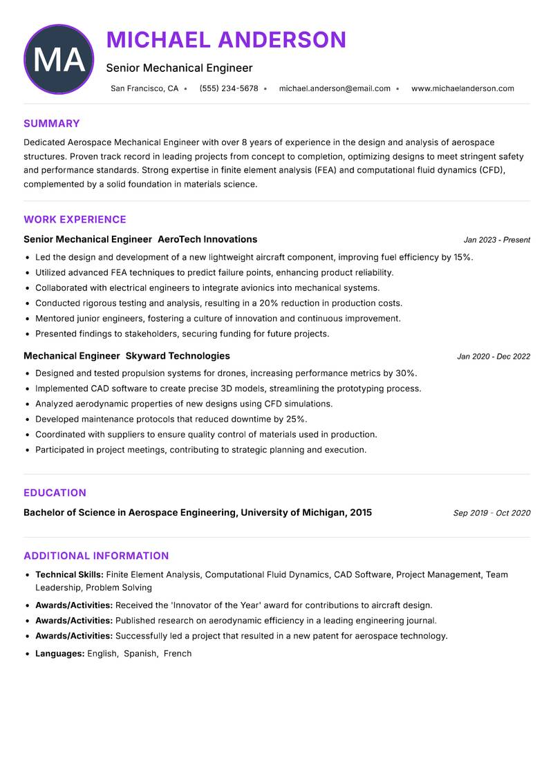 Aerospace Mechanical Engineer resume example