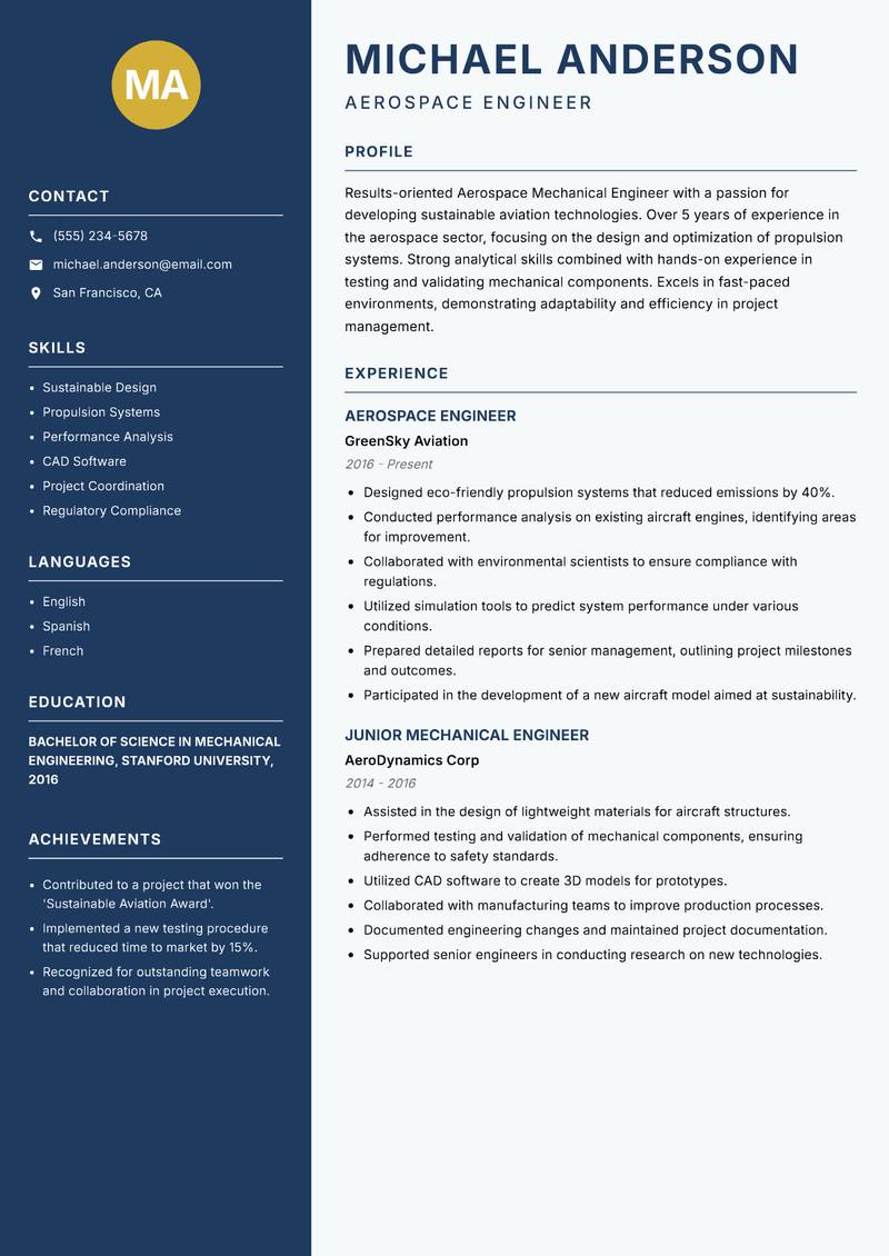 Aerospace Mechanical Engineer resume sample — Aerospace Engineer focus