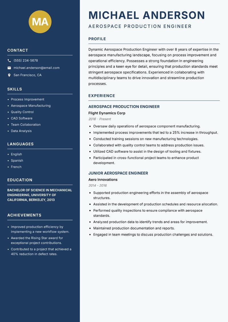 Aerospace Production Engineer resume sample — Aerospace Production Engineer focus