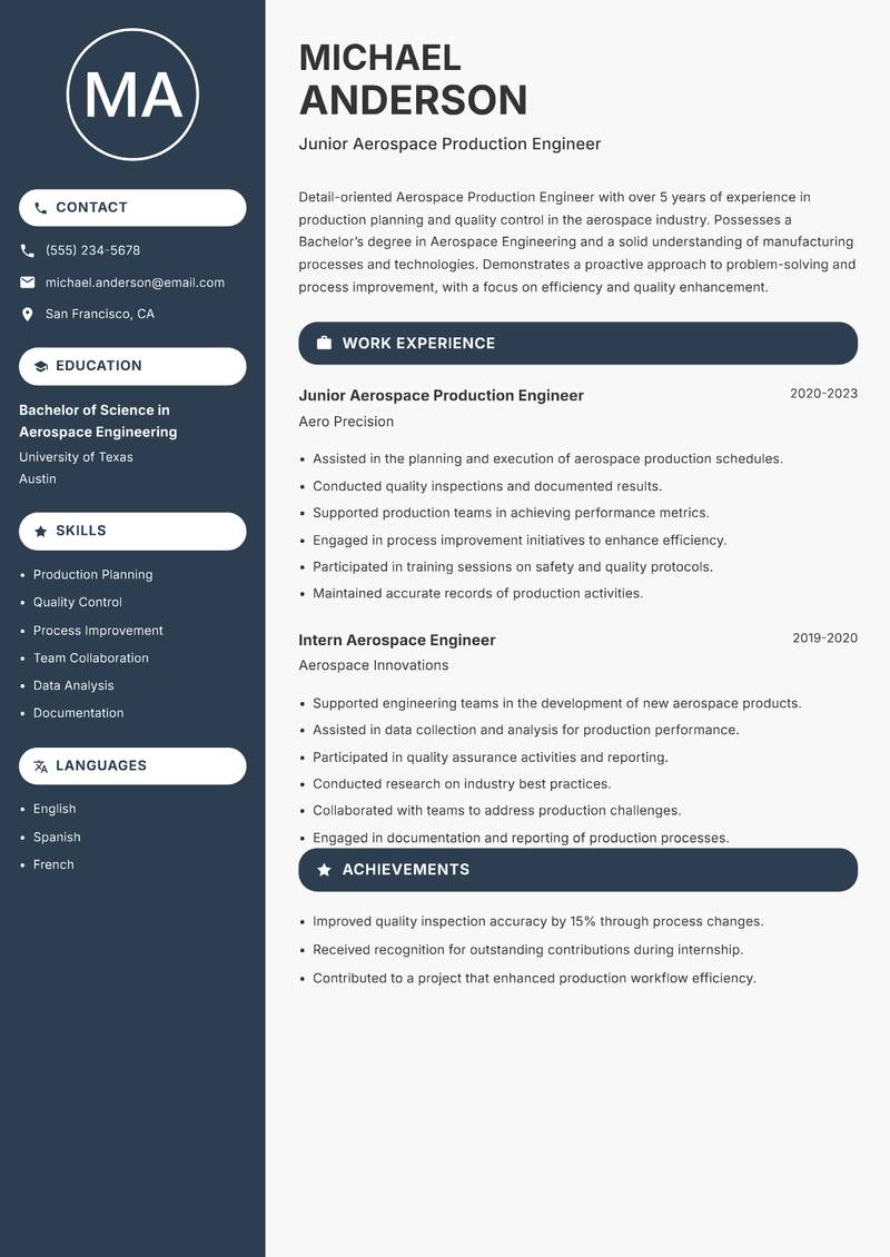 Aerospace Production Engineer resume sample — Junior Aerospace Production Engineer focus
