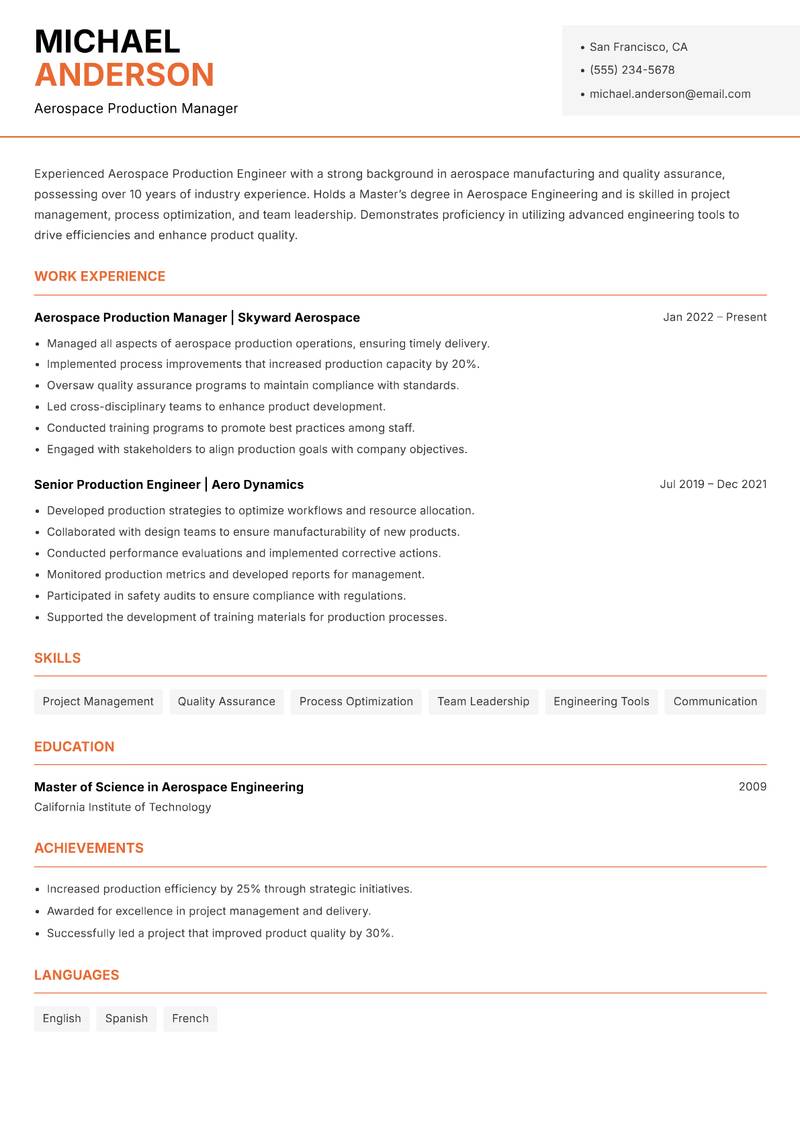 Aerospace Production Engineer resume sample — Aerospace Production Manager focus