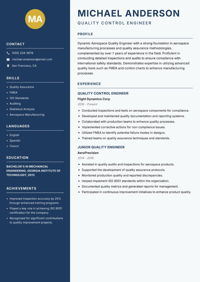 Aerospace Quality Engineer resume sample — Quality Control Engineer focus
