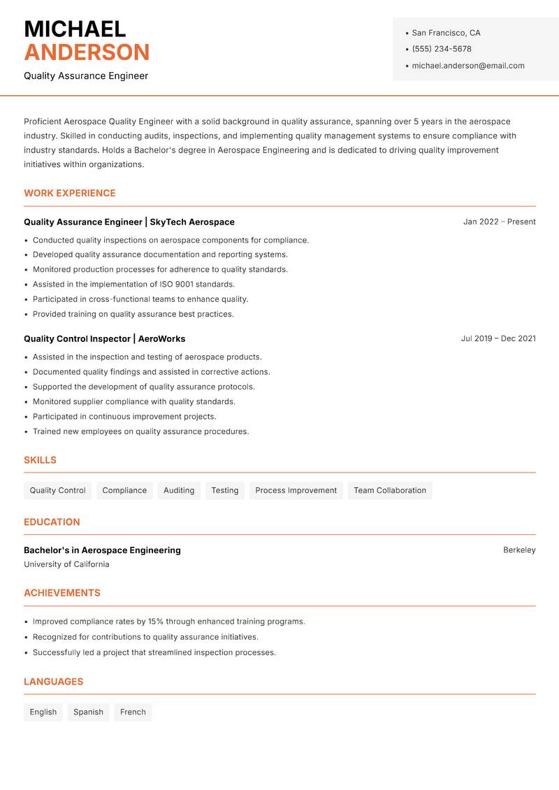 Aerospace Quality Engineer resume sample — Quality Assurance Engineer focus