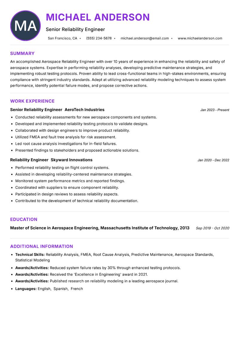 Aerospace Reliability Engineer resume example