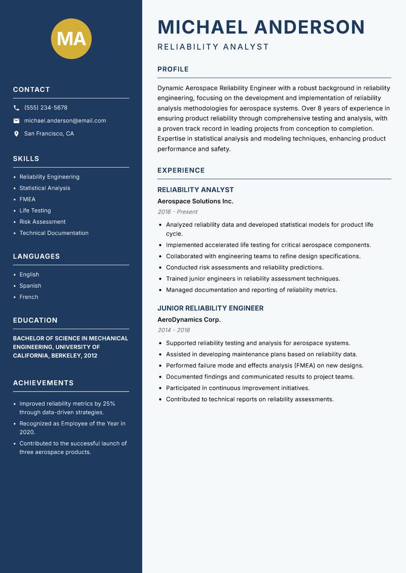 Aerospace Reliability Engineer resume sample — Reliability Analyst focus