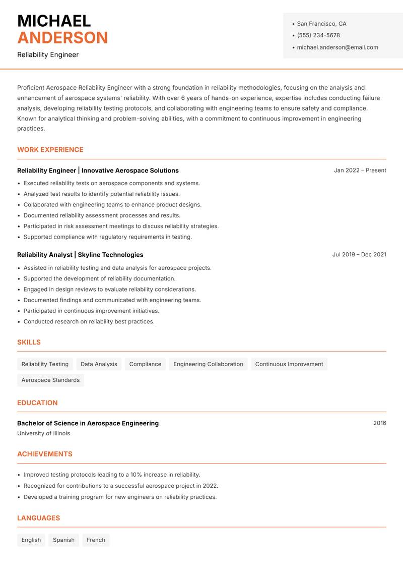 Aerospace Reliability Engineer resume sample — Reliability Engineer focus