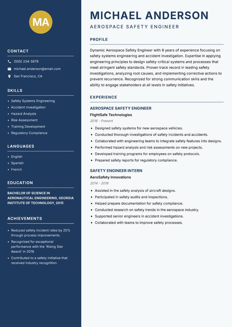 Aerospace Safety Engineer resume sample — Aerospace Safety Engineer focus