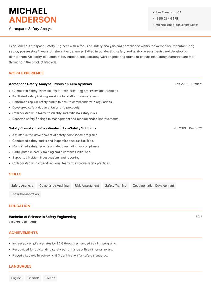 Aerospace Safety Engineer resume sample — Aerospace Safety Analyst focus