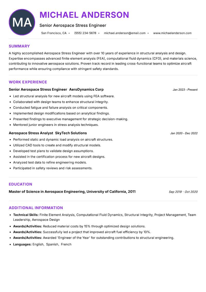 Aerospace Stress Engineer resume example