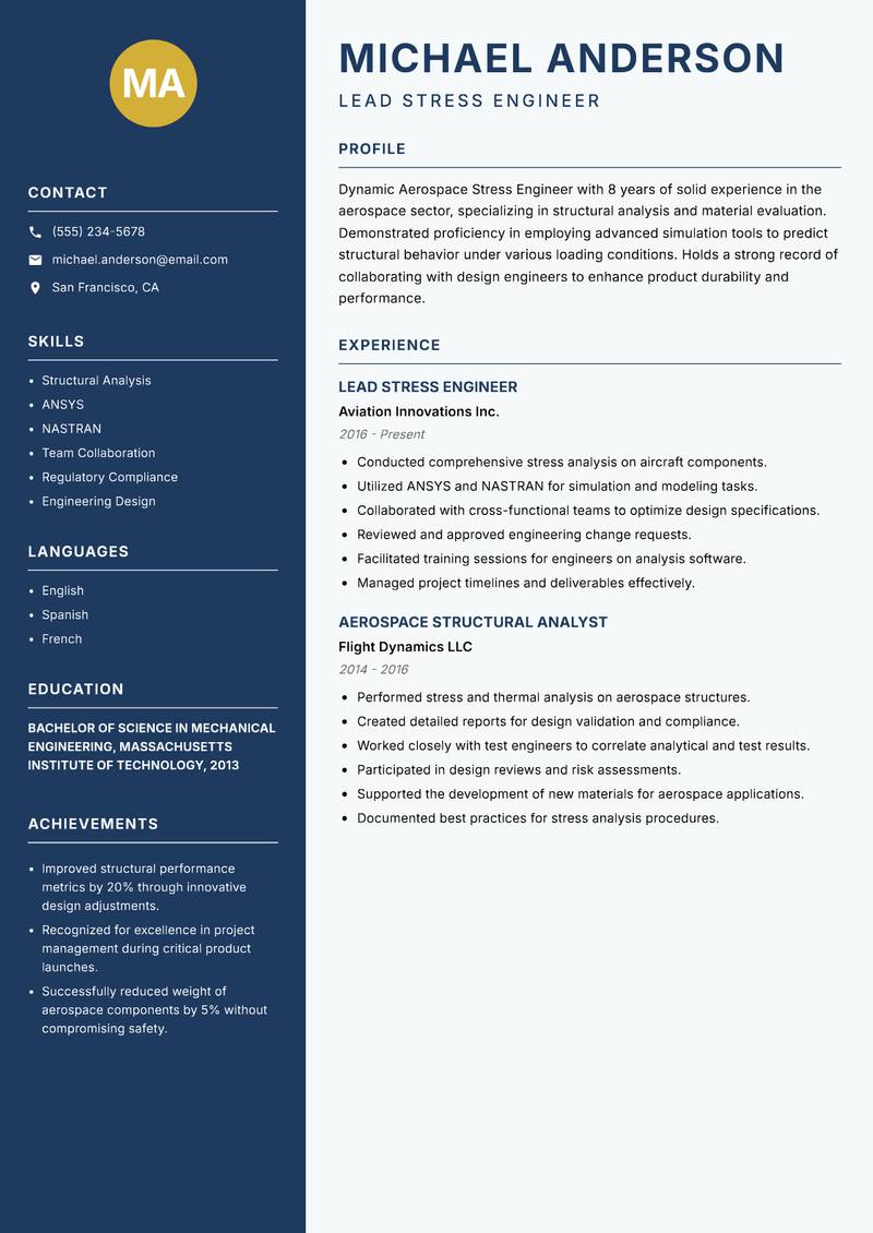 Aerospace Stress Engineer resume sample — Lead Stress Engineer focus