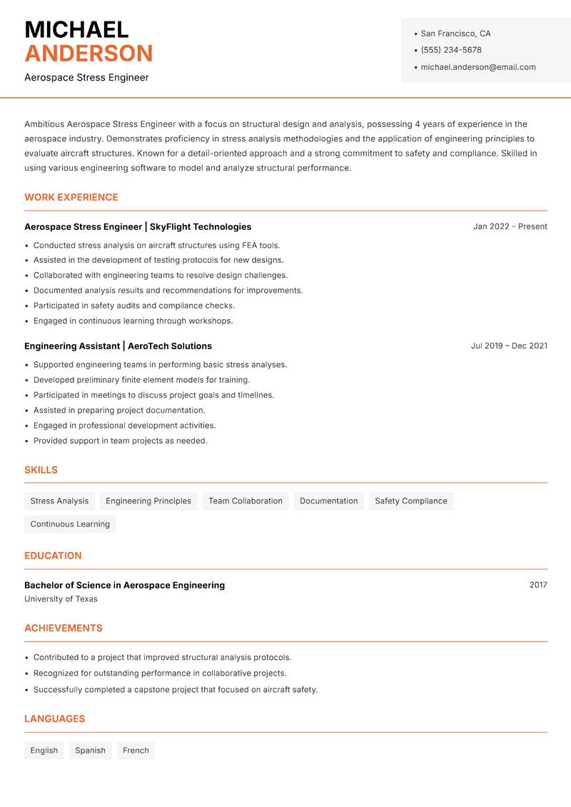 Aerospace Stress Engineer resume sample — Aerospace Stress Engineer focus