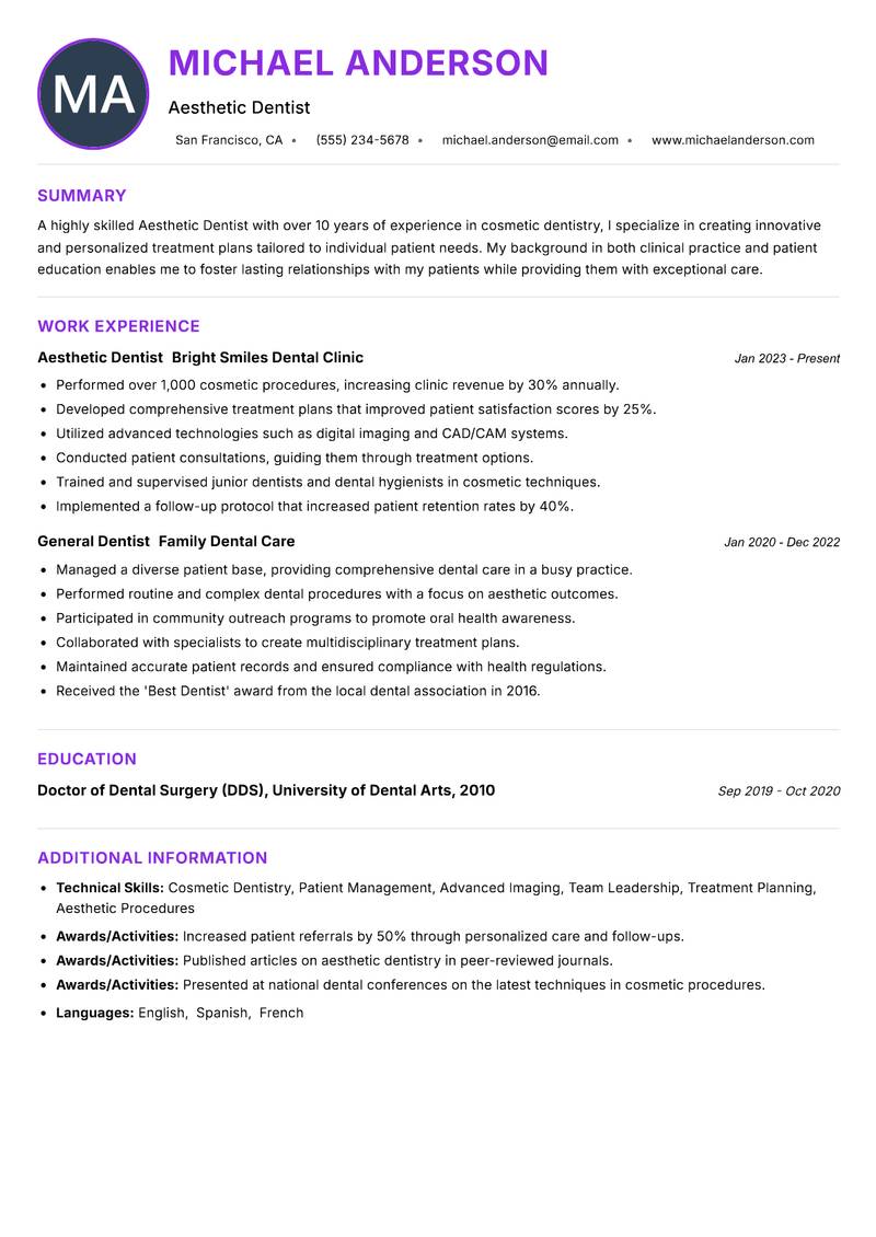 Aesthetic Dentist resume example — Dental Care