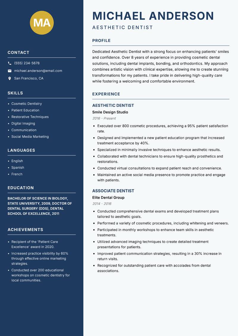 Aesthetic Dentist resume sample — Aesthetic Dentist focus