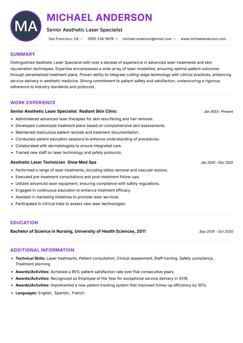 Aesthetic Laser Specialist resume example — Beauty & Wellness