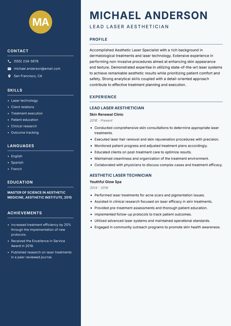 Aesthetic Laser Specialist resume sample — Lead Laser Aesthetician focus