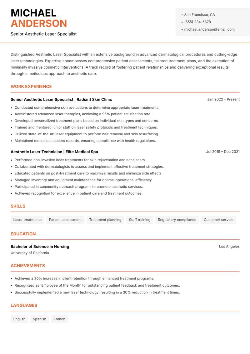 Aesthetic Laser Specialist resume sample — Senior Aesthetic Laser Specialist focus