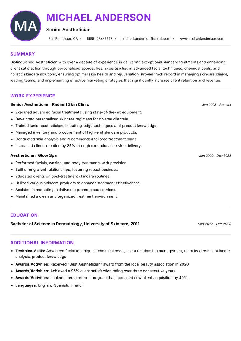 Aesthetician resume example
