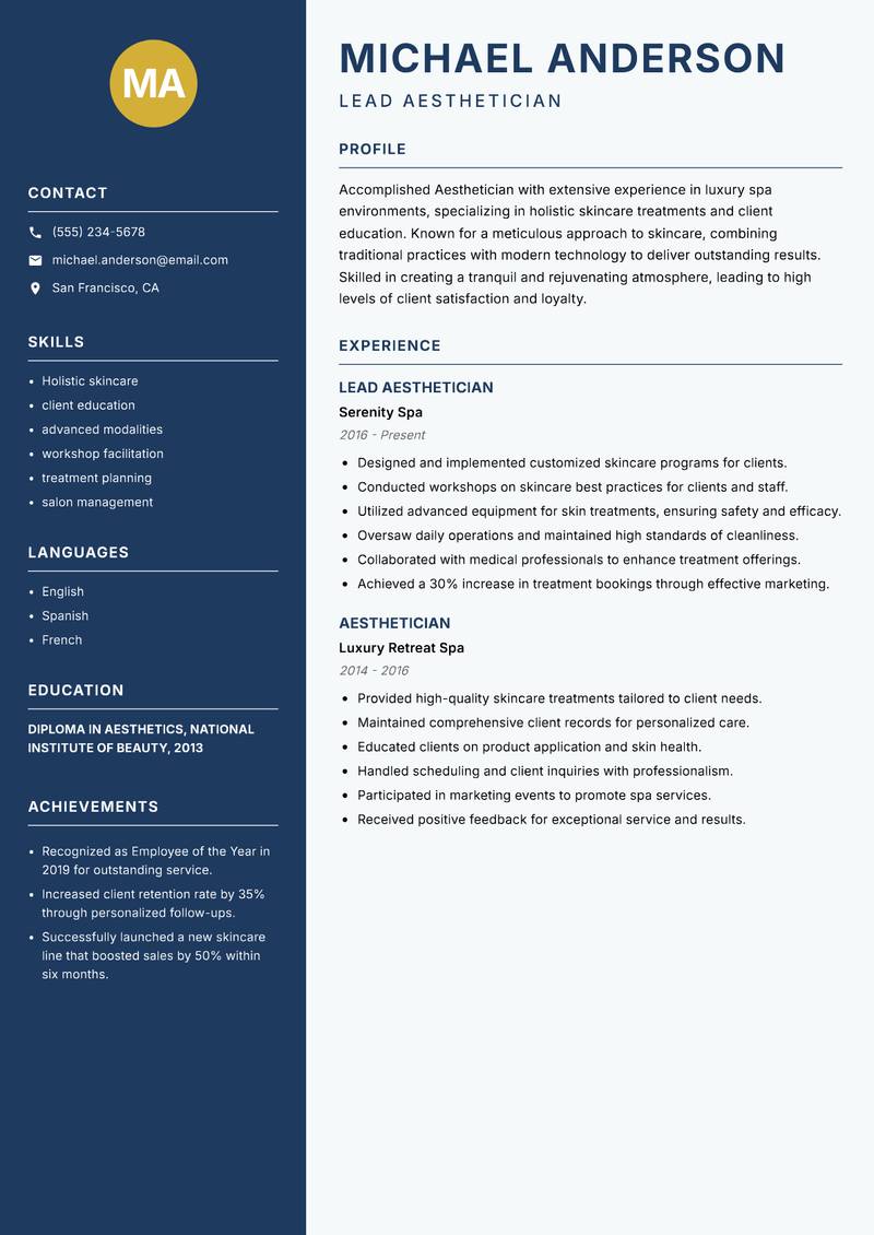 Aesthetician resume sample — Lead Aesthetician focus