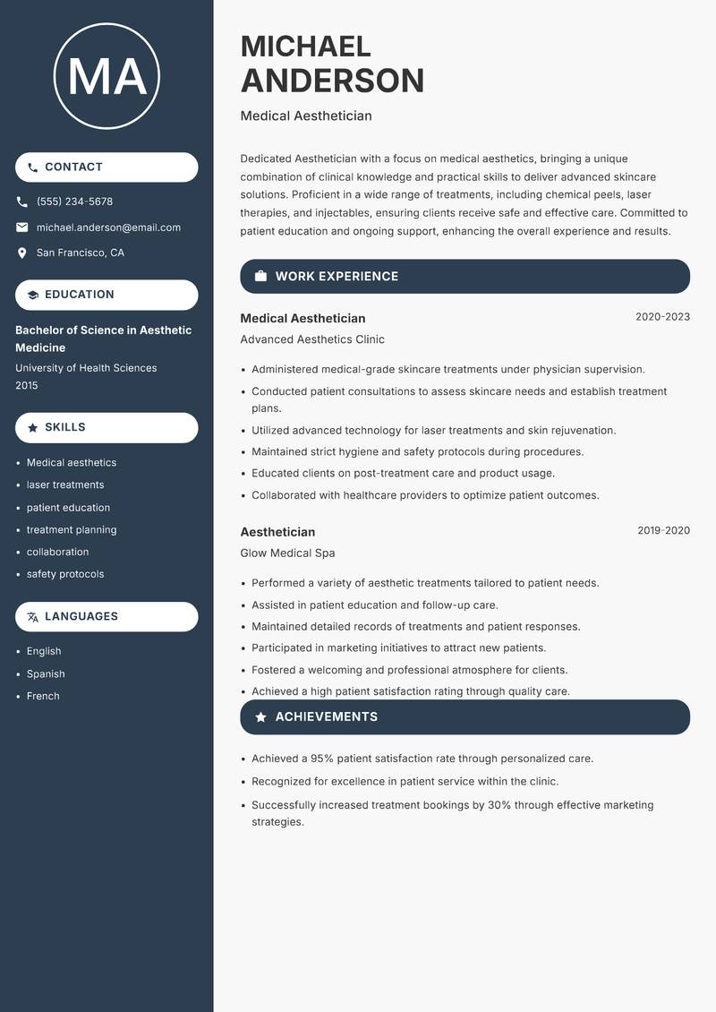 Aesthetician resume sample — Medical Aesthetician focus