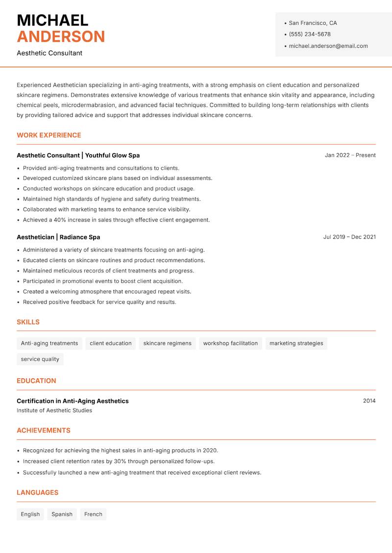 Aesthetician resume sample — Aesthetic Consultant focus
