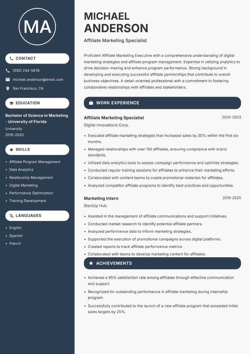 Affiliate Marketing Executive resume sample — Affiliate Marketing Specialist focus