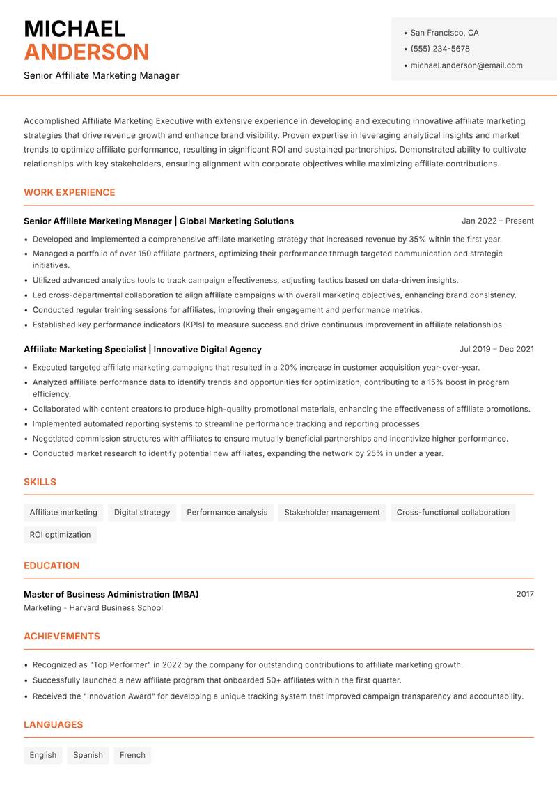 Affiliate Marketing Executive resume sample — Senior Affiliate Marketing Manager focus