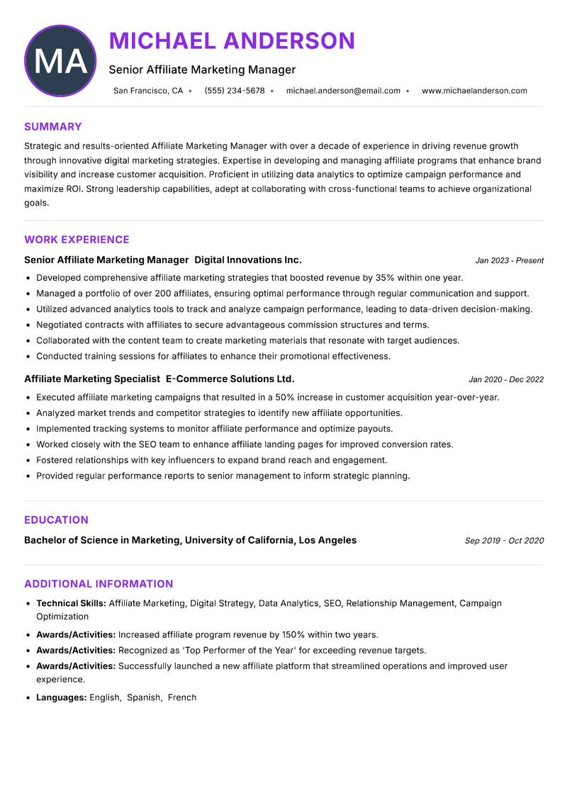 Affiliate Marketing Manager resume example