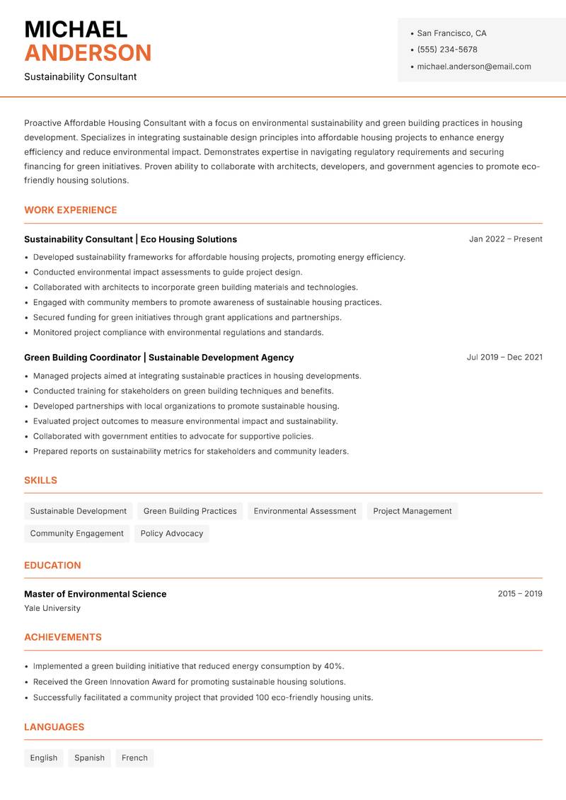 Affordable Housing Consultant resume sample — Sustainability Consultant focus