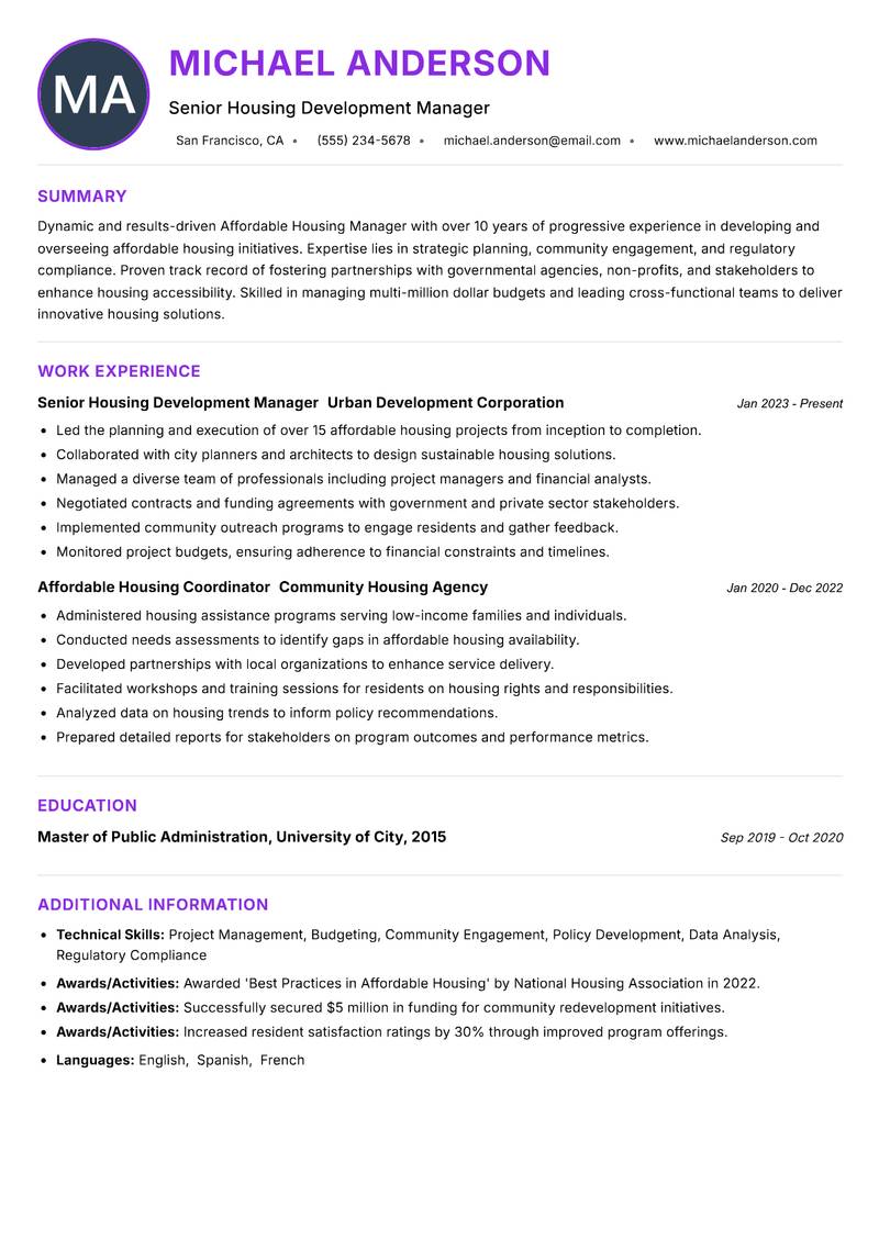Affordable Housing Manager resume example