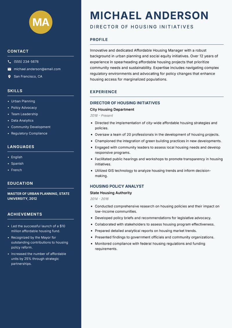 Affordable Housing Manager resume sample — Director of Housing Initiatives focus