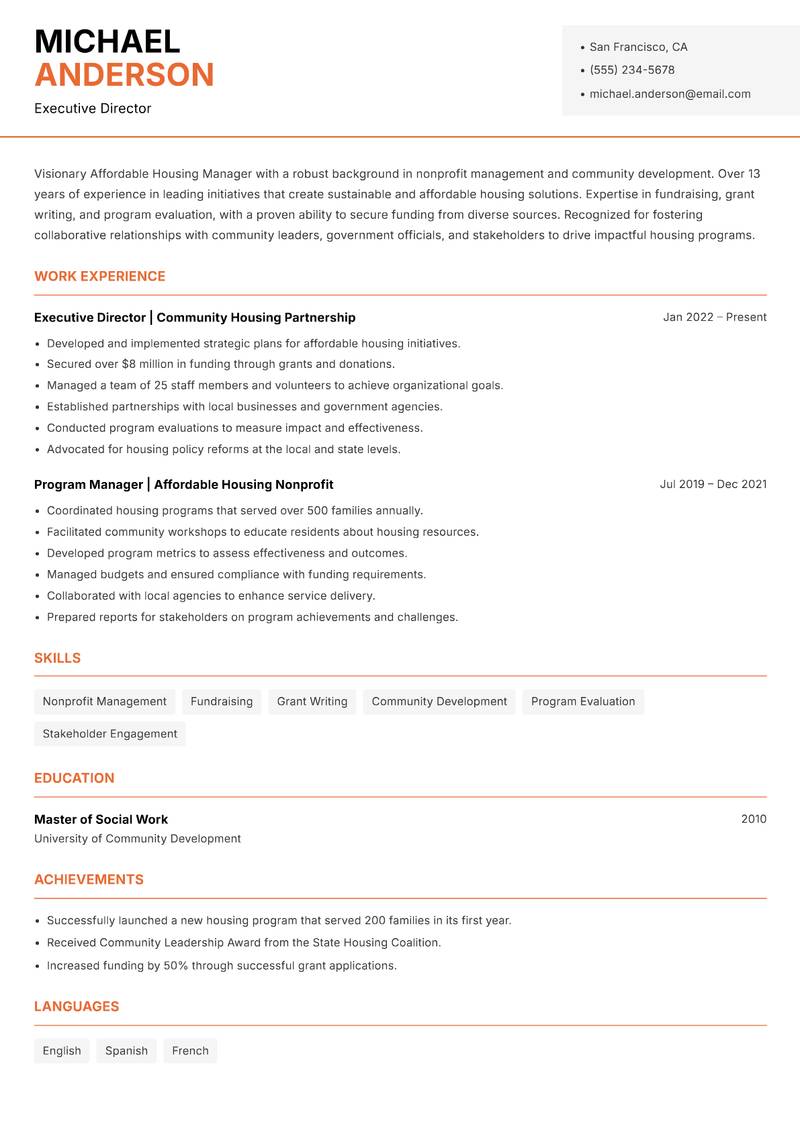 Affordable Housing Manager resume sample — Executive Director focus
