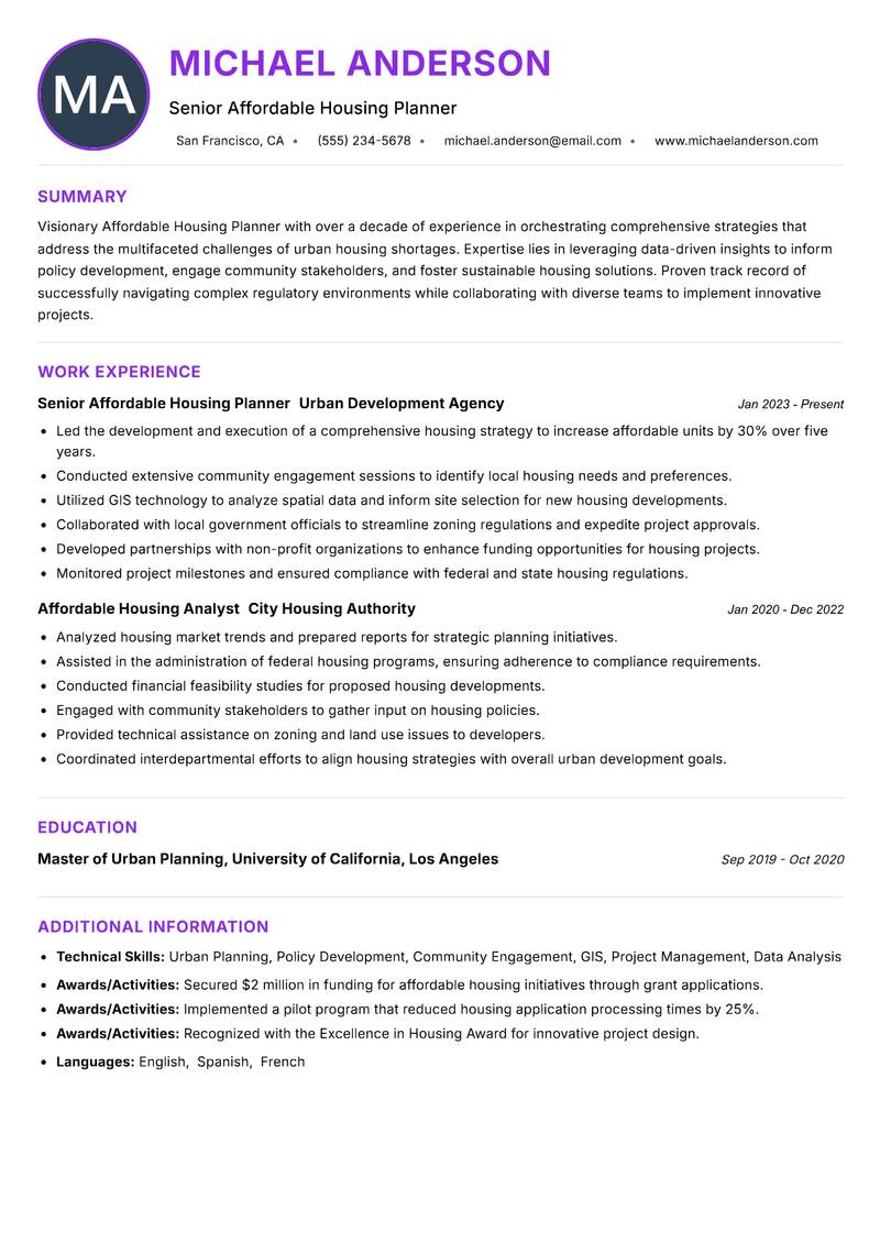 Affordable Housing Planner resume example — Urban Planning