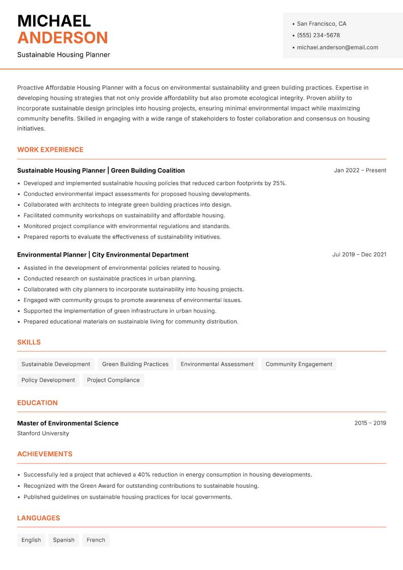 Affordable Housing Planner resume sample — Sustainable Housing Planner focus
