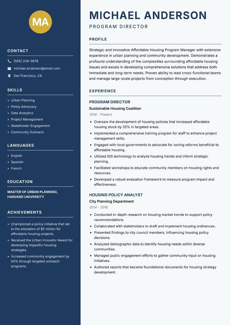 Affordable Housing Program Manager resume sample — Program Director focus