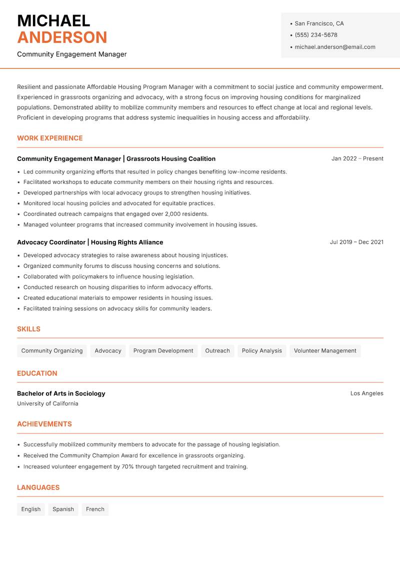 Affordable Housing Program Manager resume sample — Community Engagement Manager focus