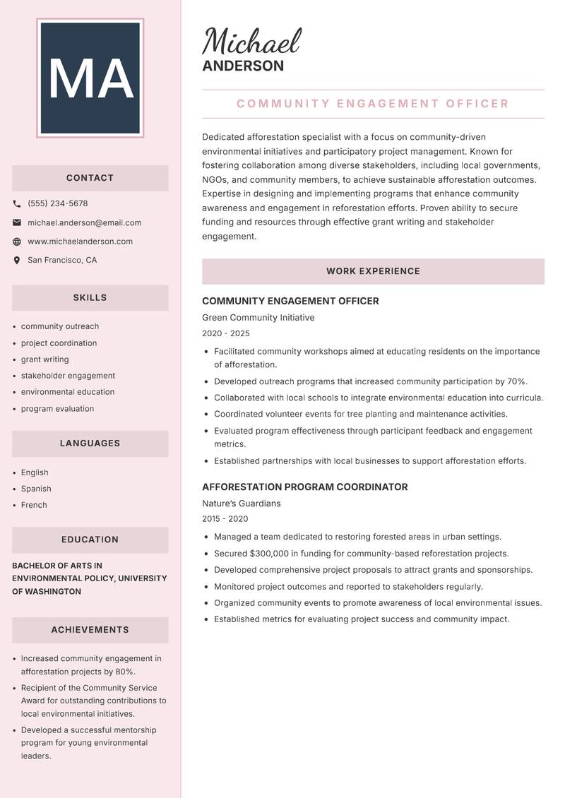 Afforestation Specialist resume sample — Community Engagement Officer focus