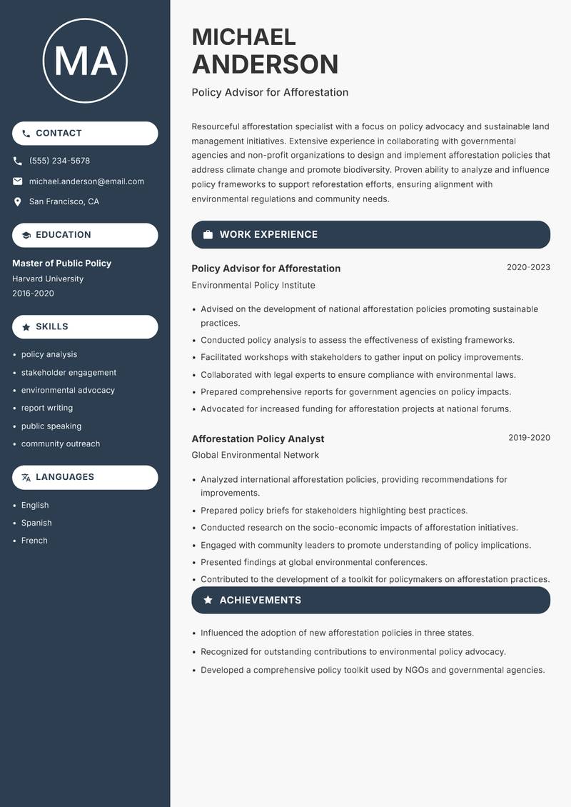 Afforestation Specialist resume sample — Policy Advisor for Afforestation focus
