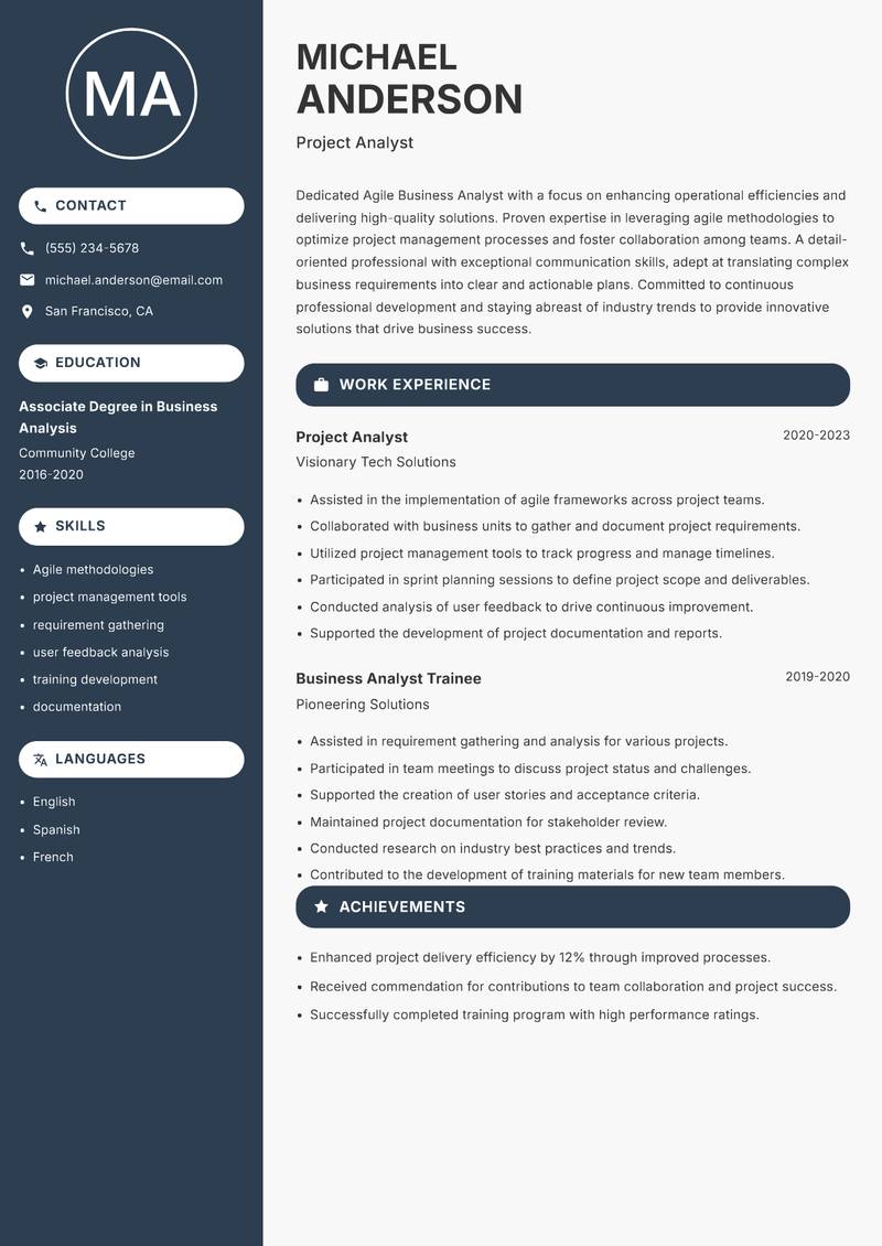 Agile Business Analyst resume sample — Project Analyst focus