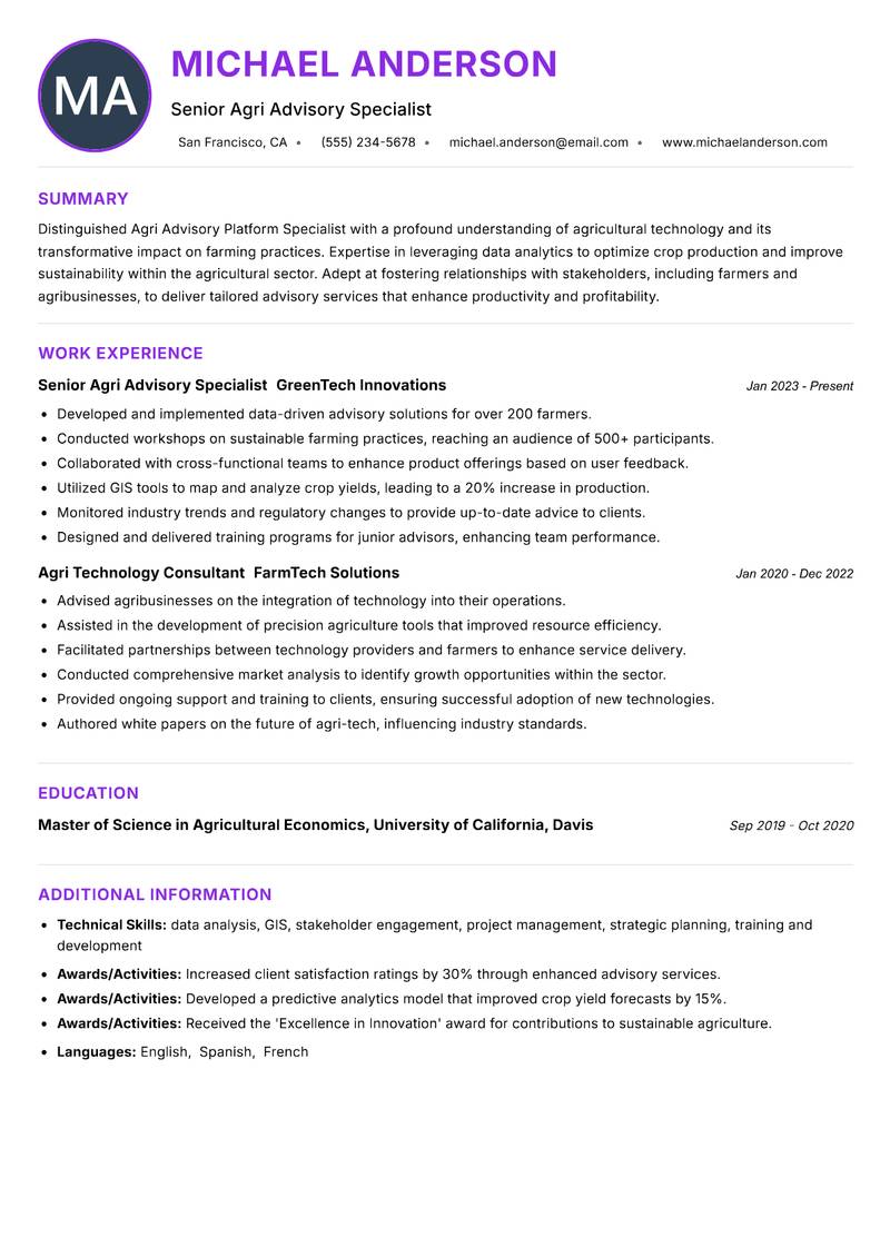 Agri Advisory Platform Specialist resume example — Agricultural Extension