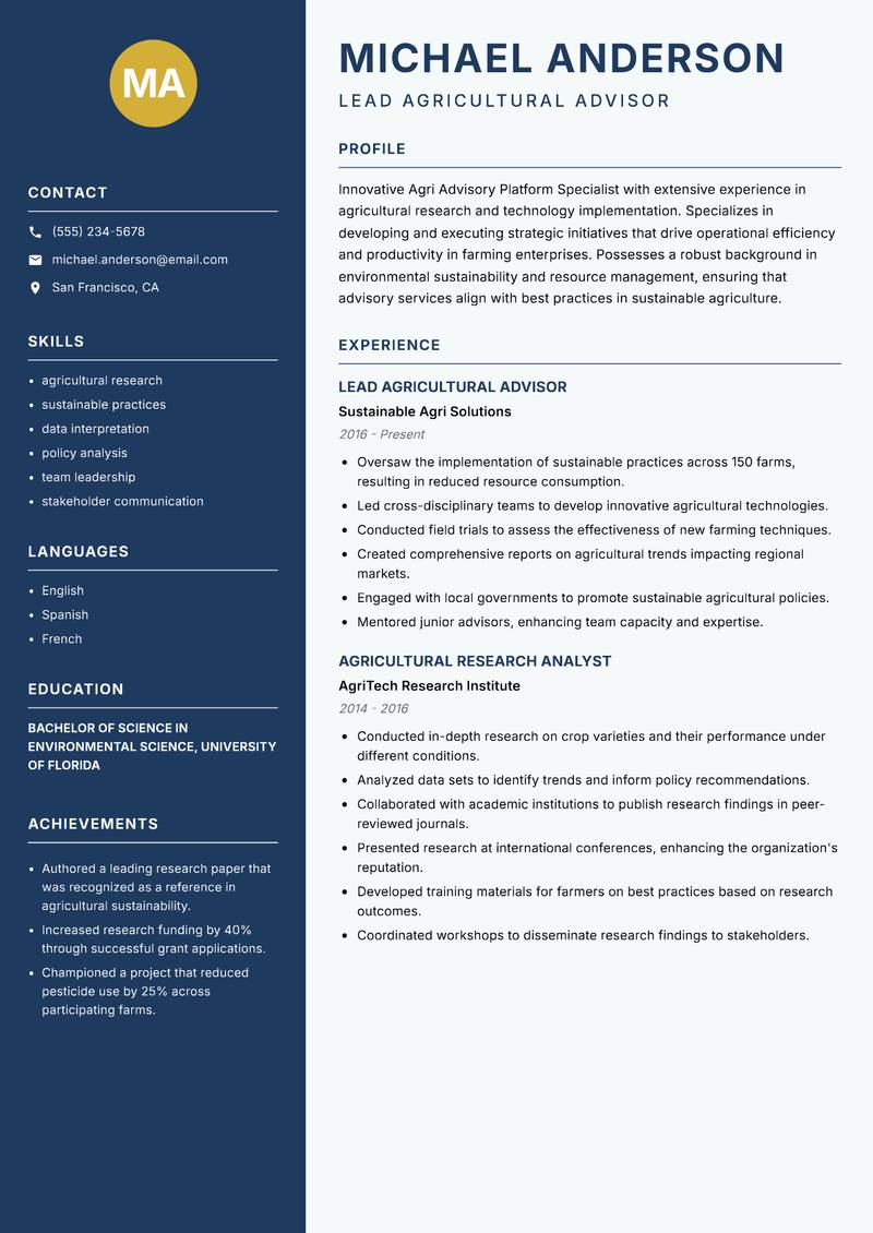 Agri Advisory Platform Specialist resume sample — Lead Agricultural Advisor focus