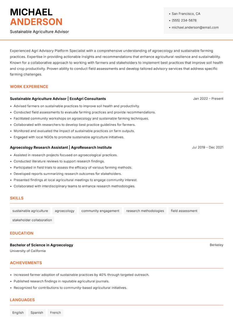 Agri Advisory Platform Specialist resume sample — Sustainable Agriculture Advisor focus