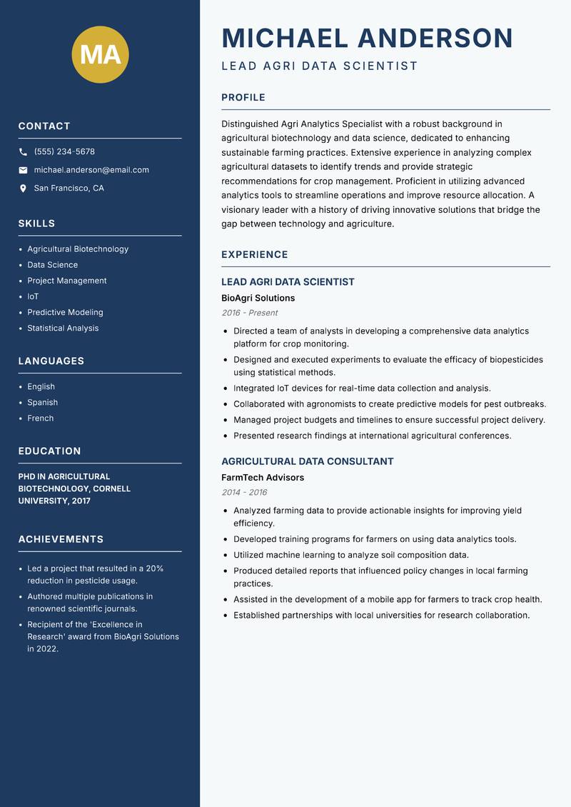 Agri Analytics Specialist resume sample — Lead Agri Data Scientist focus