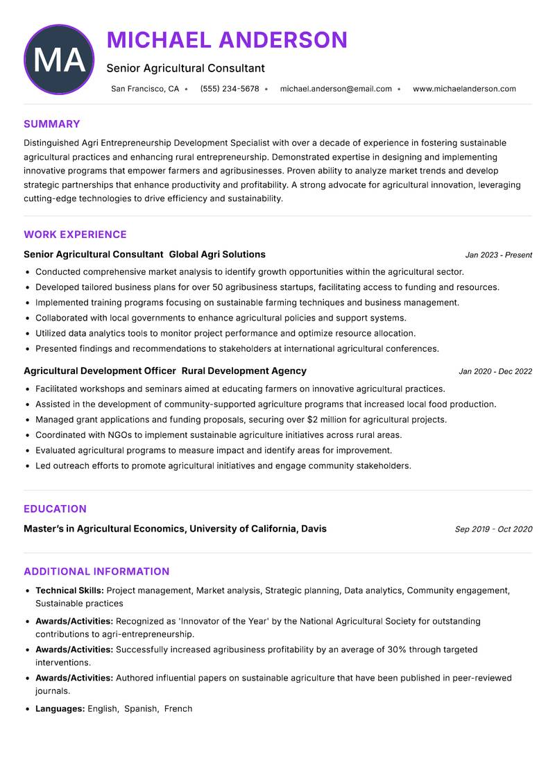 Agri Entrepreneurship Development Specialist resume example