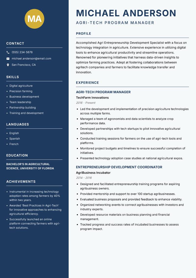 Agri Entrepreneurship Development Specialist resume sample — Agri-Tech Program Manager focus