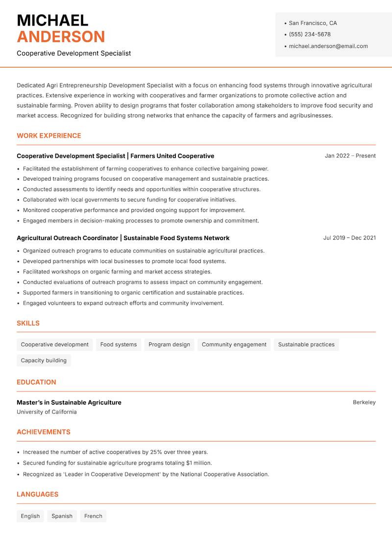 Agri Entrepreneurship Development Specialist resume sample — Cooperative Development Specialist focus